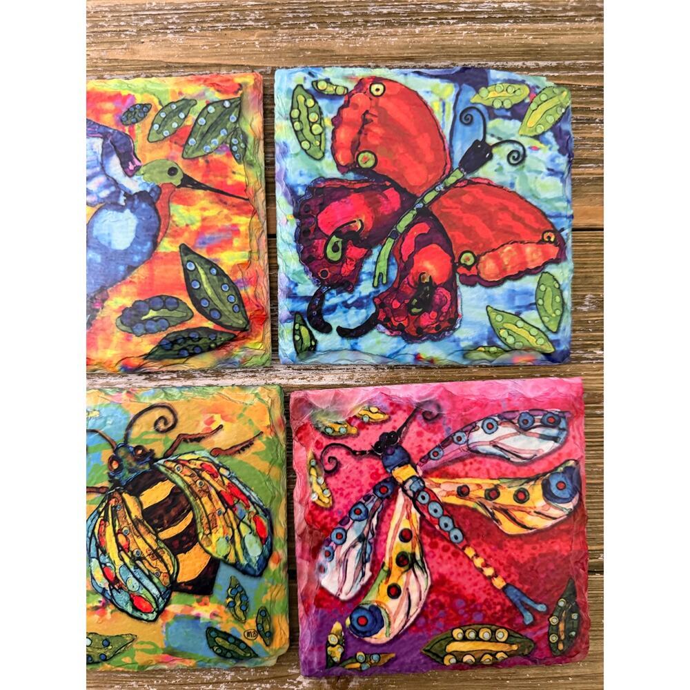 Handpainted Art Coaster Set Folk Art Hummingbird Bee Butterfly Boho Colorful - Picture 3 of 5